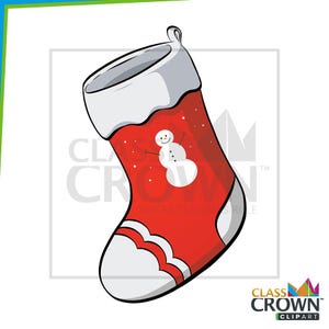 May include: A red Christmas stocking with a white cuff and toe, featuring a snowman design. The stocking has a loop for hanging and is decorated with white snowflakes. The design is a festive holiday decoration.