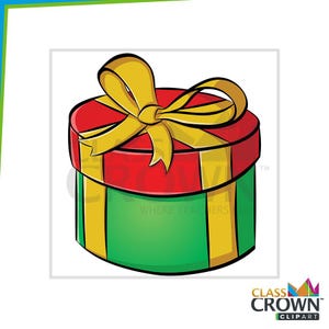 May include: A cartoon illustration of a round gift box. The box is green with yellow vertical stripes and a red lid. A large yellow bow sits atop the lid. The image is a clip art graphic.