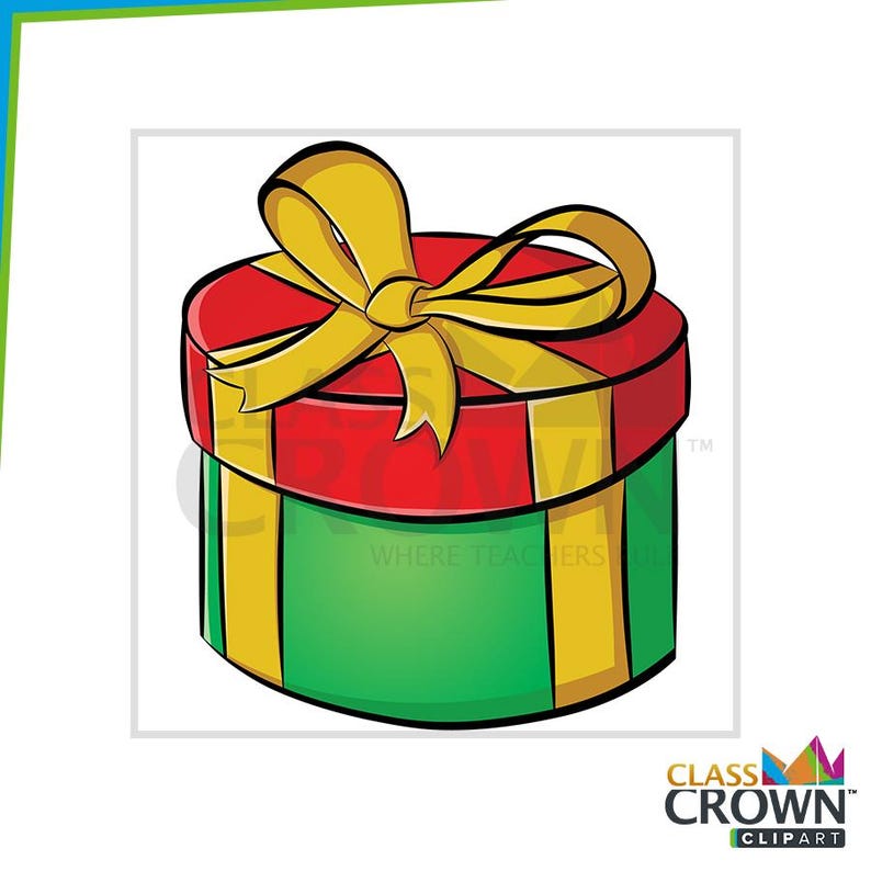 May include: A cartoon illustration of a round gift box. The box is green with yellow vertical stripes and a red lid. A large yellow bow sits atop the lid. The image is a clip art graphic.