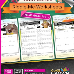 Puede incluir: Un colorido paquete de hojas de trabajo educativas para matemáticas de cuarto grado, con el título "Math Series Riddle-Me-Worksheets". La portada muestra un dinosaurio, un búho y un pepinillo, con el texto "Fourth Grade: Pack 2". El paquete incluye 30 páginas de problemas de matemáticas de múltiples habilidades.