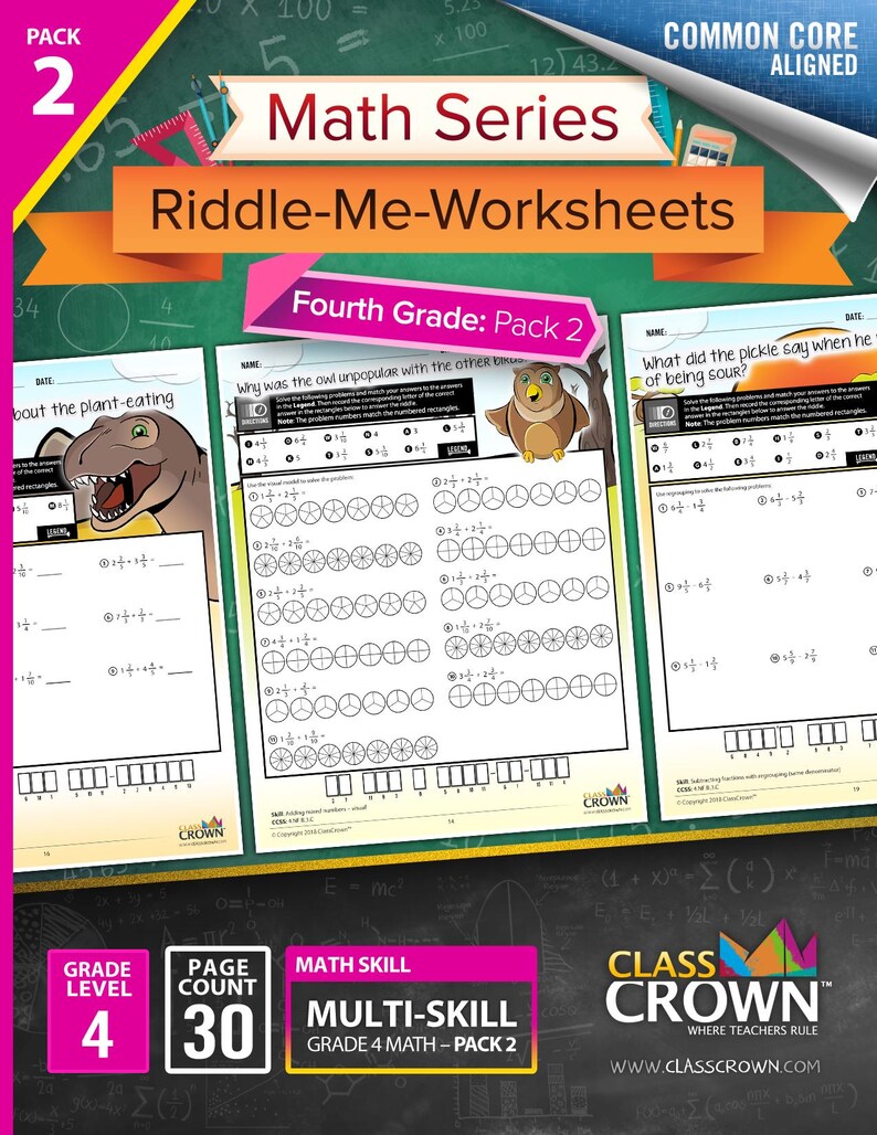 May include: A colorful educational worksheet pack for fourth grade math, featuring the title "Math Series Riddle-Me-Worksheets." The cover displays a dinosaur, an owl, and a pickle, with the text "Fourth Grade: Pack 2." The pack includes 30 pages of multi-skill math problems.