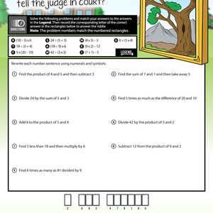 May include: A worksheet with math problems and the title "What did the picture tell the judge in court?" includes a drawing of a tree in a gold frame. The worksheet has math problems to solve and a legend to match answers.
