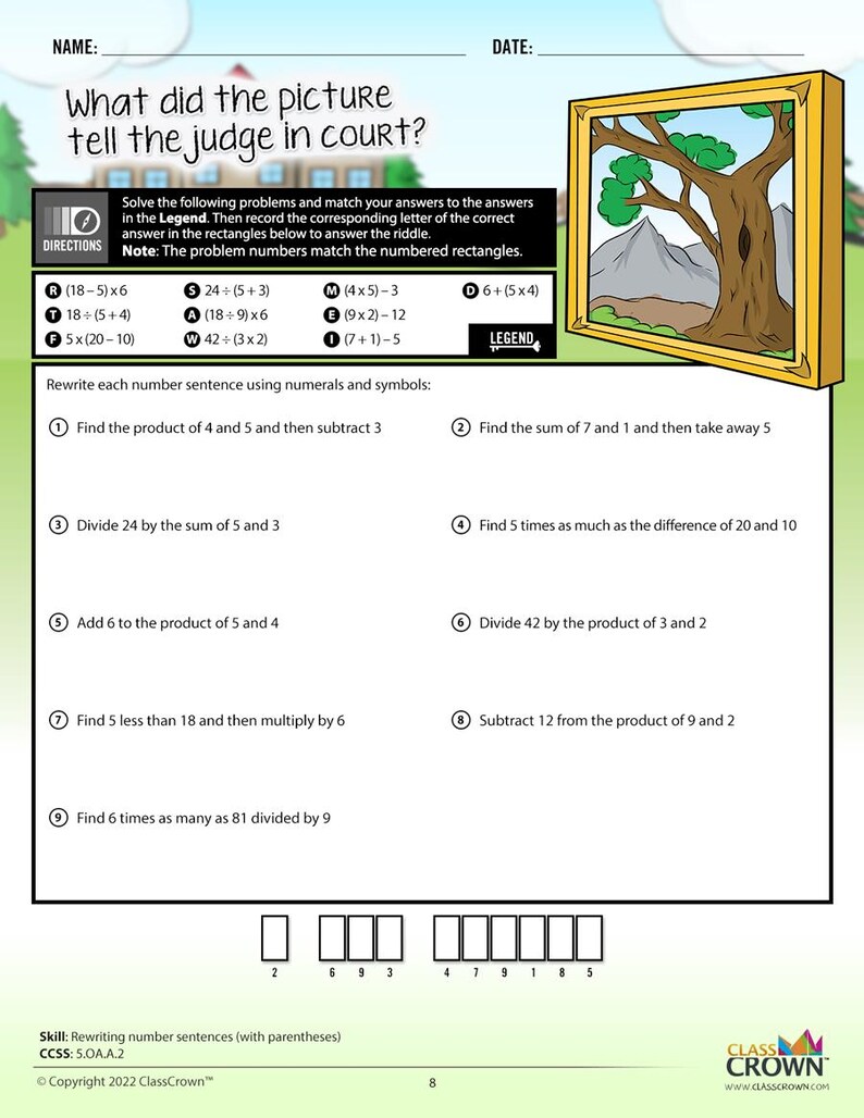 May include: A worksheet with math problems and the title "What did the picture tell the judge in court?" includes a drawing of a tree in a gold frame. The worksheet has math problems to solve and a legend to match answers.