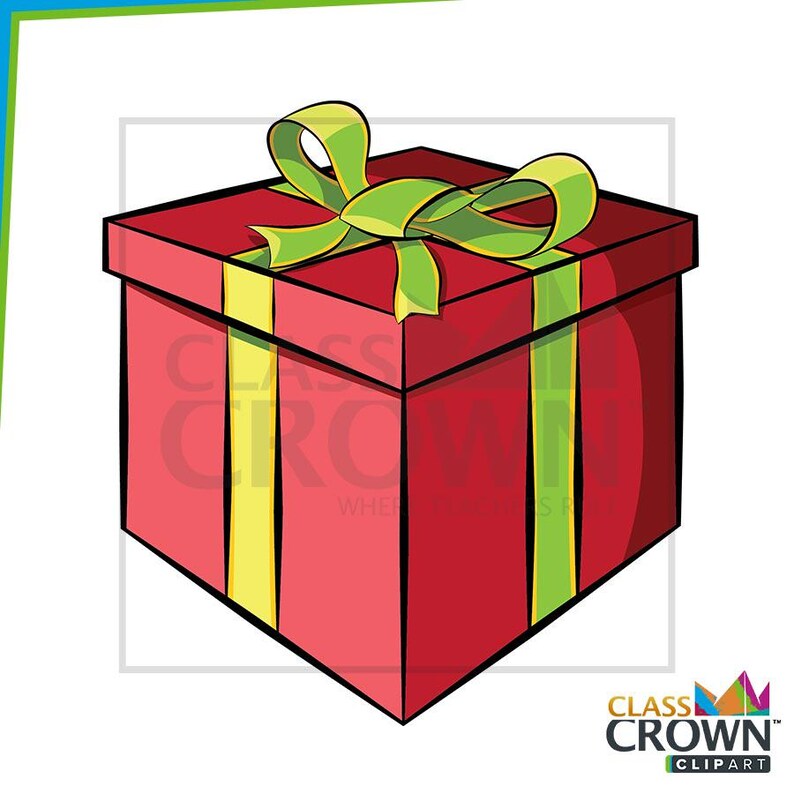 May include: A red gift box with a green bow and yellow and green stripes. The box is square-shaped and has a lid. The image is a cartoon illustration. The text "CLASS CROWN CLIPART" is visible.