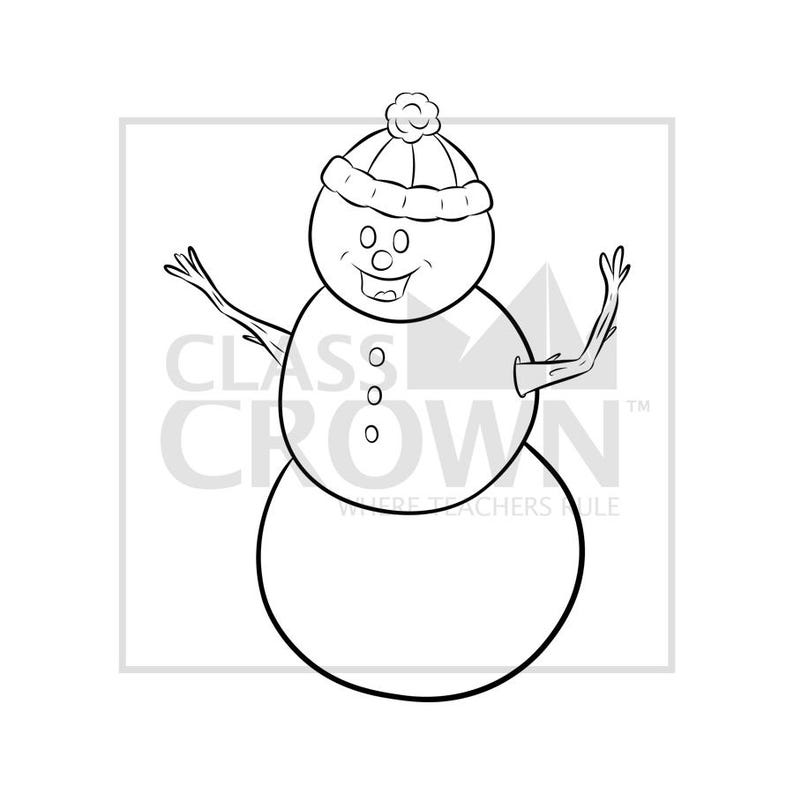May include: Black and white cartoon illustration of a snowman with a hat, twig arms, and three buttons. The snowman is smiling and has the text "CLASS CROWN" in the background.