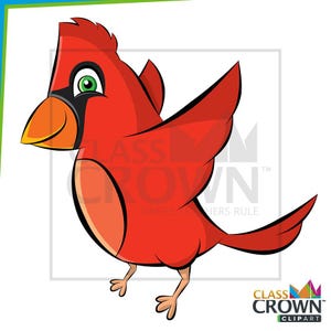 May include: A cartoon illustration of a red cardinal bird with a black mask, orange beak, and green eye. The bird is in a dynamic pose with its wings slightly open. The image includes the text "CLASS CROWN CLIPART".