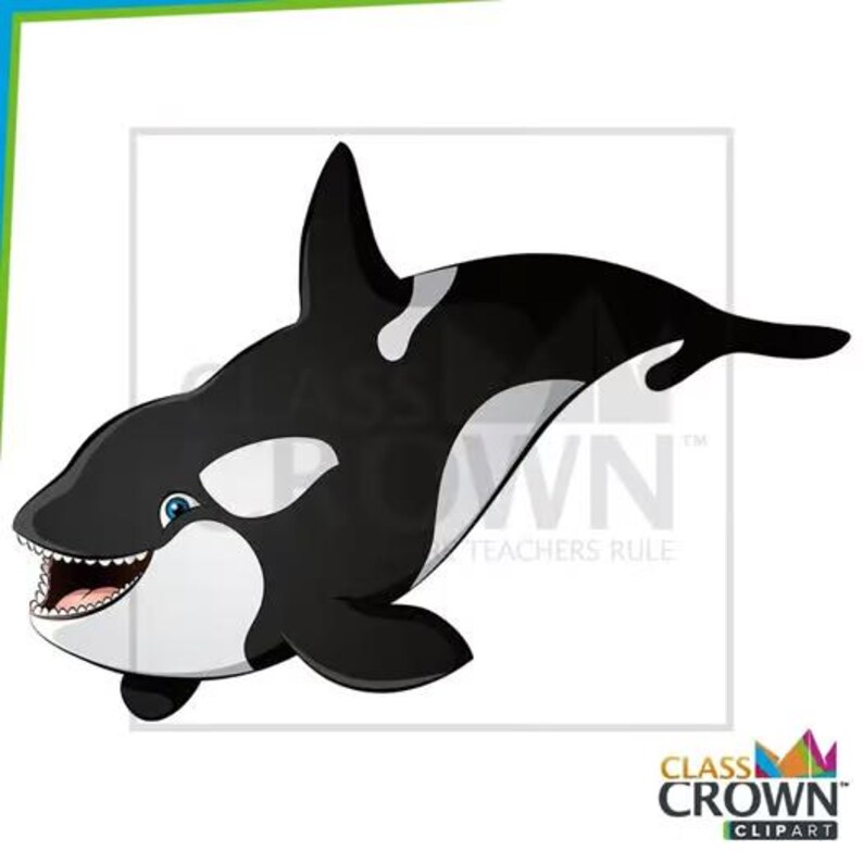 May include: A cartoon illustration of an orca whale, featuring a black body with white markings. The whale has a smiling expression, with visible teeth and blue eyes. The image is set against a white background.