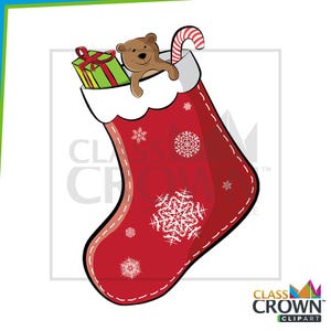 May include: A red Christmas stocking with white trim, decorated with snowflakes. The stocking is filled with a green gift box, a brown teddy bear, and a red and white candy cane. The image has a white background.