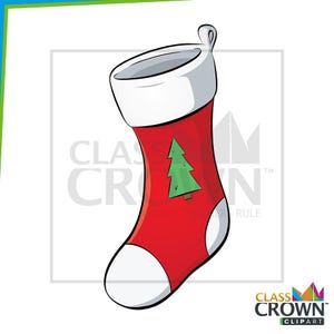 May include: A red Christmas stocking with a white cuff and toe, and a green Christmas tree graphic. The stocking has a black outline and a loop for hanging.