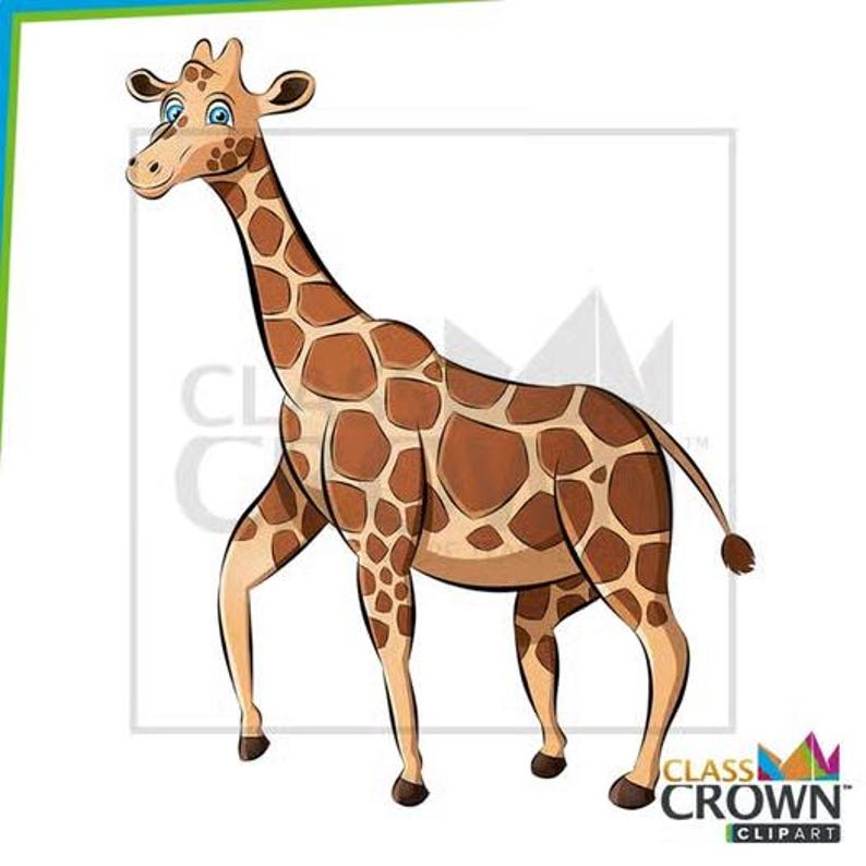May include: A cartoon giraffe illustration with a long neck, brown spots, and tan legs. The giraffe is standing on a white background. The giraffe has a friendly expression and is facing to the left.