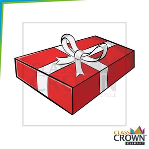 May include: A red gift box with a white ribbon and bow. The box has white stripes and is rectangular. The image is a cartoon illustration.