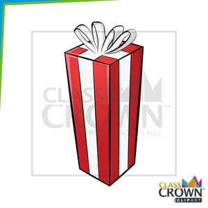 May include: A tall, rectangular gift box with red and white vertical stripes. The box is topped with a white bow. The image is a cartoon illustration, perfect for holiday or celebratory themes.