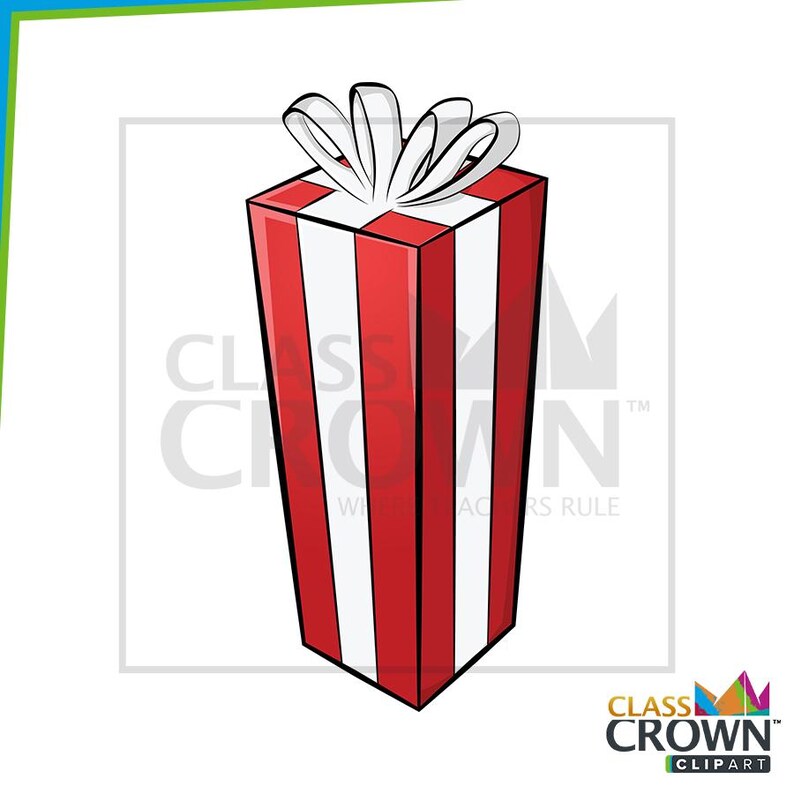 May include: A tall, rectangular gift box with red and white vertical stripes. The box is topped with a white bow. The image is a cartoon illustration, perfect for holiday or celebratory themes.