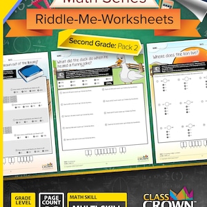 May include: A colourful educational worksheet pack for second grade maths, titled "Math Series Riddle-Me-Worksheets." The pack includes 30 pages of multi-skill exercises. The cover features the text "Pack 2" and "Common Core Aligned."