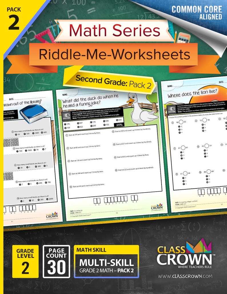 May include: A colourful educational worksheet pack for second grade maths, titled "Math Series Riddle-Me-Worksheets." The pack includes 30 pages of multi-skill exercises. The cover features the text "Pack 2" and "Common Core Aligned."