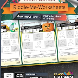 K&ouml;nnte beinhalten: Ein Mathe-Arbeitsblatt-Paket mit dem Titel "Riddle-Me-Worksheets" f&uuml;r die Klassen 5-8. Das Cover zeigt den Text "Math Series" und "Geometry: Pack 2 Perimeter, Area, & Volume". Die Arbeitsbl&auml;tter enthalten Geometrieaufgaben mit Formen und einer K&uuml;rbisgrafik.