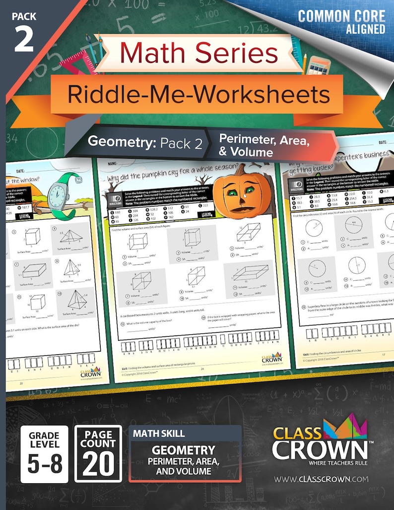 K&ouml;nnte beinhalten: Ein Mathe-Arbeitsblatt-Paket mit dem Titel "Riddle-Me-Worksheets" f&uuml;r die Klassen 5-8. Das Cover zeigt den Text "Math Series" und "Geometry: Pack 2 Perimeter, Area, & Volume". Die Arbeitsbl&auml;tter enthalten Geometrieaufgaben mit Formen und einer K&uuml;rbisgrafik.