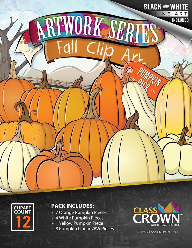 May include: Artwork series fall clip art featuring a collection of orange and white pumpkins. The image includes a tag that says "Pumpkin Pack" and the text "Black and White Line Art Included". The pack includes 12 clipart pieces.