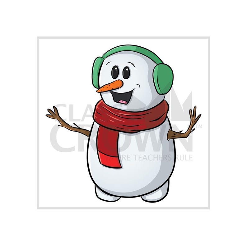 May include: A cartoon snowman with a carrot nose, wearing green earmuffs and a red scarf. The snowman has twig arms and is smiling with its mouth open. The image has the text "CLASSROOM TEACHERS RULE".