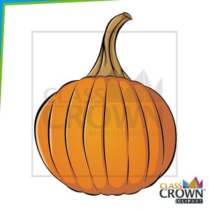 May include: A cartoon illustration of a ripe orange pumpkin with a brown stem. The pumpkin has vertical ridges and is set against a white background. The image includes the text "CLASS CROWN CLIPART".