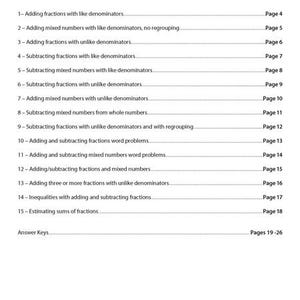 May include: A white page with the title "Table of Contents" and a list of topics related to fractions, including adding, subtracting, and mixed numbers. Page numbers are listed next to each topic.