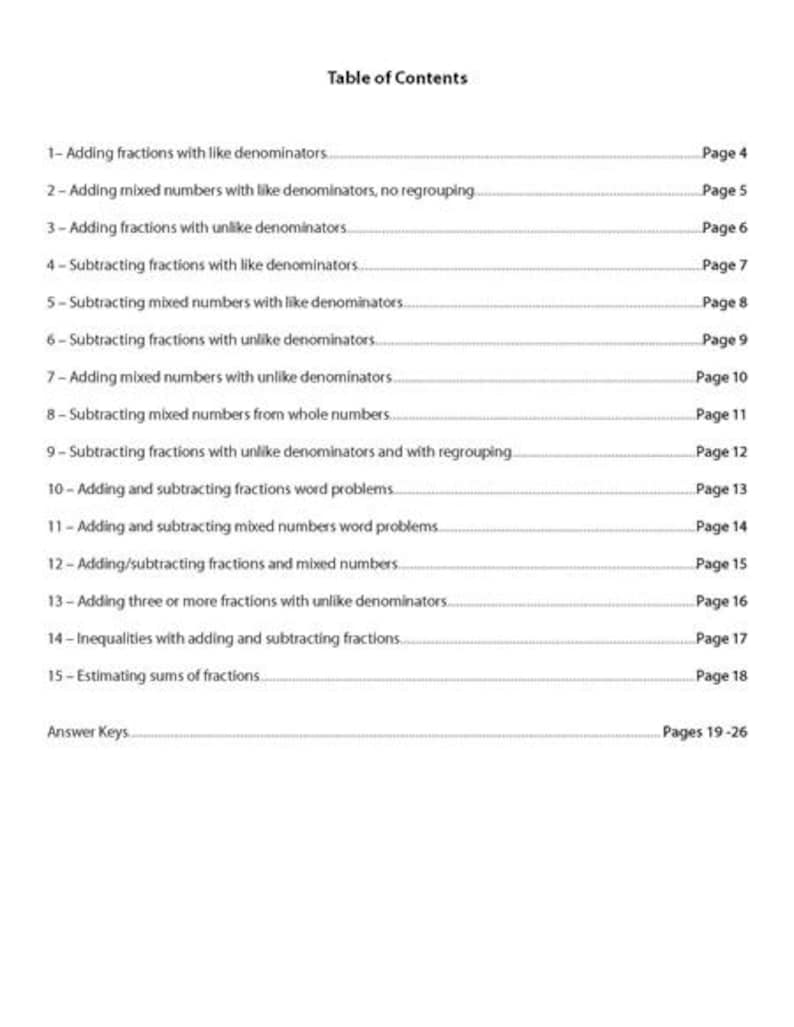 May include: A white page with the title "Table of Contents" and a list of topics related to fractions, including adding, subtracting, and mixed numbers. Page numbers are listed next to each topic.