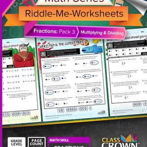 May include: A colorful math worksheet pack titled "Math Series Riddle-Me-Worksheets" for grades 4-7. The pack focuses on fractions, multiplying, and dividing. The cover features the text "Pack 3" and "Fractions: Pack 3 Multiplying & Dividing".