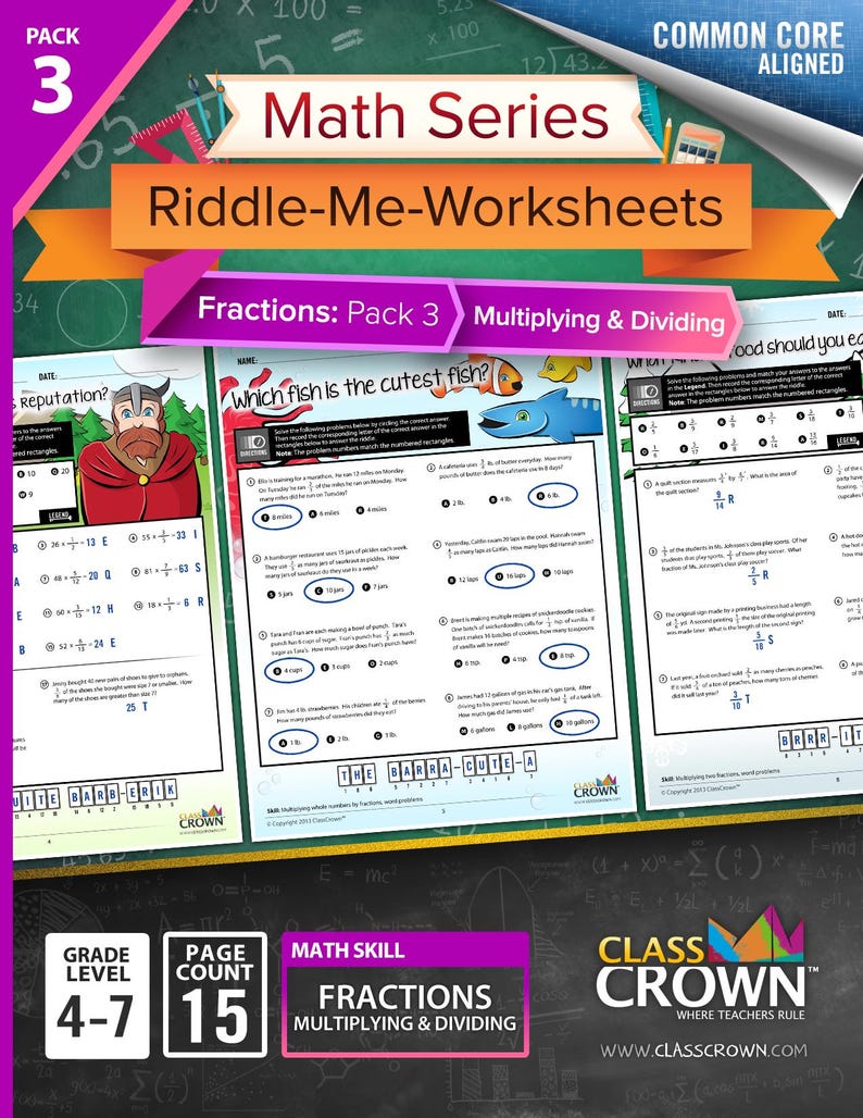May include: A colorful math worksheet pack titled "Math Series Riddle-Me-Worksheets" for grades 4-7. The pack focuses on fractions, multiplying, and dividing. The cover features the text "Pack 3" and "Fractions: Pack 3 Multiplying & Dividing".