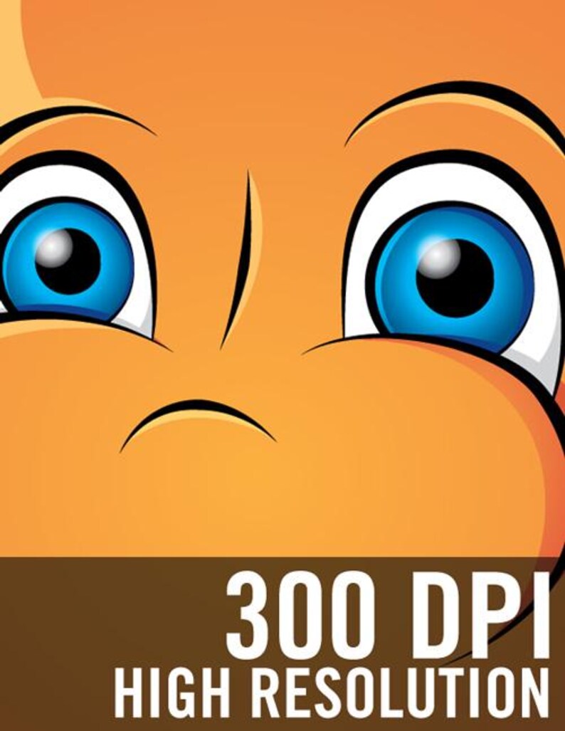 May include: Close-up of a cartoon face with bright blue eyes, white highlights, and a light orange skin tone. The image includes the text "300 DPI HIGH RESOLUTION" in white letters on a brown background.