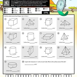 K&ouml;nnte beinhalten: Ein Arbeitsblatt mit Geometrieaufgaben, einschlie&szlig;lich Oberfl&auml;chenberechnungen f&uuml;r verschiedene Formen wie W&uuml;rfel, Pyramiden und Zylinder. Der Text fragt: &bdquo;Warum hat das M&auml;dchen ihre Uhr aus dem Fenster geworfen?&ldquo; und enth&auml;lt eine gr&uuml;ne Uhrgrafik.