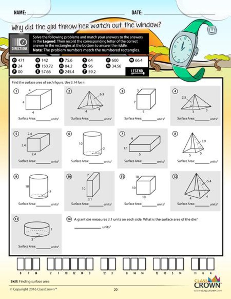 K&ouml;nnte beinhalten: Ein Arbeitsblatt mit Geometrieaufgaben, einschlie&szlig;lich Oberfl&auml;chenberechnungen f&uuml;r verschiedene Formen wie W&uuml;rfel, Pyramiden und Zylinder. Der Text fragt: &bdquo;Warum hat das M&auml;dchen ihre Uhr aus dem Fenster geworfen?&ldquo; und enth&auml;lt eine gr&uuml;ne Uhrgrafik.