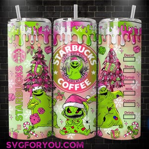 The image is a 3D rendering of a Starbucks coffee can featuring a Halloween-themed design with green and pink colors, along with various holiday-related elements such as a Christmas tree, candy canes, and a skeleton.