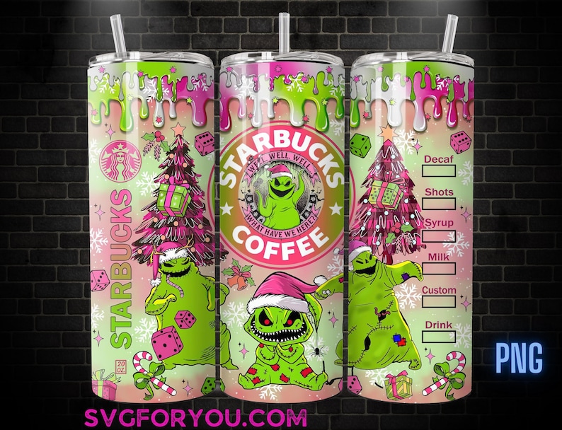 The image is a 3D rendering of a Starbucks coffee can featuring a Halloween-themed design with green and pink colors, along with various holiday-related elements such as a Christmas tree, candy canes, and a skeleton.
