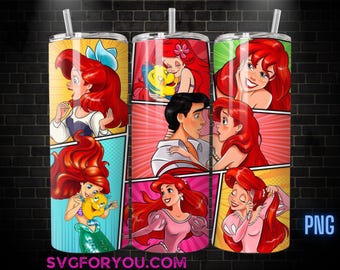 Princess Ariel Cartoon Strip Tumbler Wrap PNG, Coffee Tumbler Wrap , 20oz Skinny Tumbler, The Little Mermaid Skinny Tumbler Wrap Design PNG