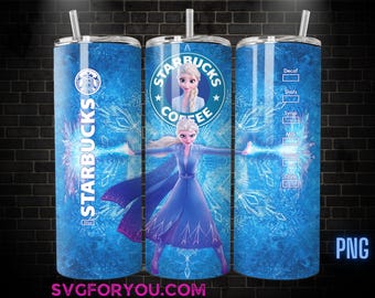 Molde PNG para copo térmico de 590ml (20oz) com tema Frozen da Princesa Elsa e Anna, arquivo PNG para download digital.