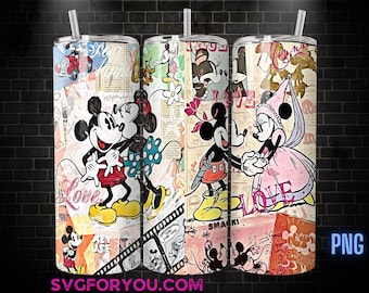 Vaso delgado retro de 20 oz con la pareja de Mickey y Minnie Mouse, plantilla de diseño de sublimación de Mickey Mouse, tira de cómic de Mickey, png