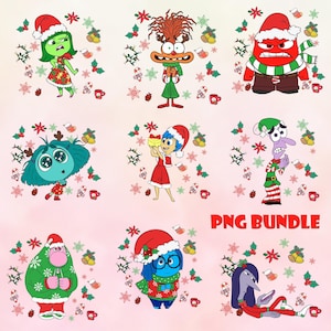 Op de afbeelding: Een PNG-bundel met personages uit de film Inside Out, elk gekleed in kerstkleding. De personages zijn omringd door feestelijke decoraties zoals hulst, sneeuwvlokken en zuurstokken. De tekst "PNG BUNDLE" wordt in het rood weergegeven.