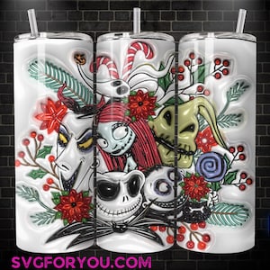 A 3D rendering of a white tumbler with a colorful and intricate design featuring characters from the movie "The Nightmare Before Christmas", including Jack Skellington, Mary Poppins, and the Evil Witch.