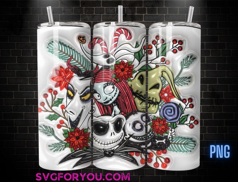 A 3D rendering of a white tumbler with a colorful and intricate design featuring characters from the movie "The Nightmare Before Christmas", including Jack Skellington, Mary Poppins, and the Evil Witch.