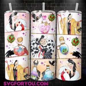 The image is a collage of three cylindrical tumblers, each featuring illustrations of various Disney princesses and their iconic outfits.