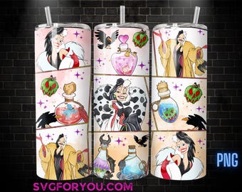 Bösewicht Cruella De Vil Aquarell Tumbler Wrap PNG, Kaffee Tumbler Wrap, 20 Unzen Skinny Tumbler, 101 Dalmatiner Skinny Tumbler Wrap Design PNG