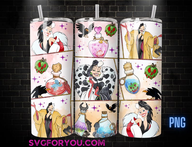 The image is a collage of three cylindrical tumblers, each featuring illustrations of various Disney princesses and their iconic outfits.