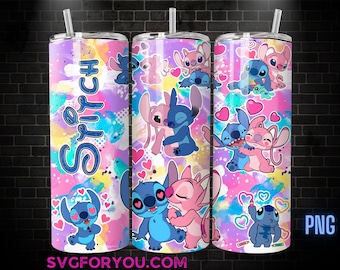 Stitch and Angel Valentine 20oz Coffee Skinny Tumbler Template PNG, Love Lilo and Stitch Skinny Tumbler Wrap Design PNG Digital Download