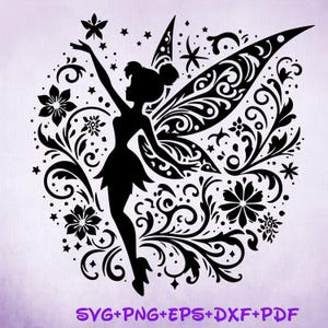 Puede incluir: Silueta negra de un hada extendiendo la mano hacia una estrella, rodeada de elementos decorativos florales y arremolinados. El hada tiene alas detalladas y está sobre un fondo morado claro. El texto "SVG+PNG+EPS+DXF+PDF" está en la parte inferior.