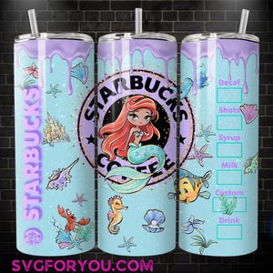 A Starbucks tumbler with a mermaid design, featuring the Starbucks logo and various mermaid-themed illustrations.