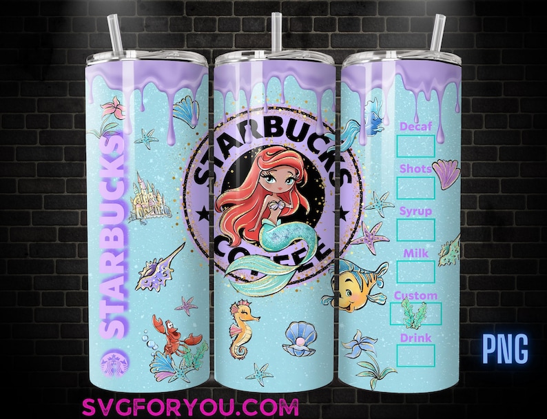 A Starbucks tumbler with a mermaid design, featuring the Starbucks logo and various mermaid-themed illustrations.
