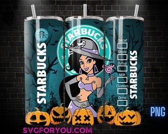 Princess Witchy Halloween Jasmine Coffee Tumbler Wrap PNG , 20oz Skinny Tumbler, Aladdin Skinny Tumbler Wrap PNG