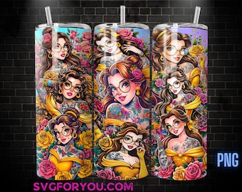 Belle Tattoo beker wrap png, The Beauty and the Beast beker wrap png, 20oz skinny beker png, skinny beker wrap ontwerp, ontwerp png