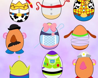 May include: Nine cartoon Easter egg designs, each decorated to resemble characters from the Toy Story movie franchise. The eggs feature various colors and designs, including Woody, Buzz Lightyear, and Mr. Potato Head. The bottom of the image includes the text "SVG+PNG+EPS+DXF".