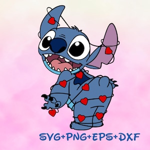 May include: A blue cartoon character, wrapped in a string of red hearts, with a wide grin and large eyes. The image includes the text "SVG+PNG+EPS+DXF" in blue at the bottom, set against a pink and white background.